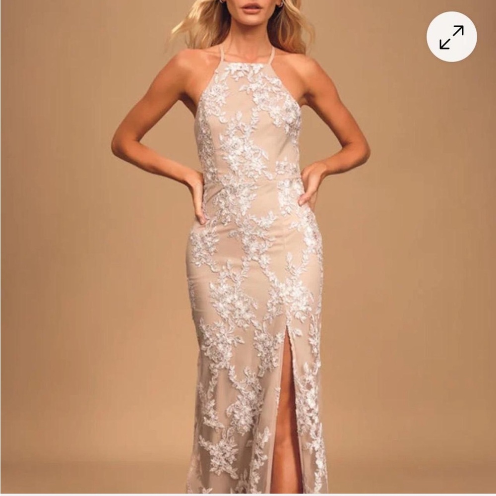 Lulu's Tan and Cream Embellished Halter Gown